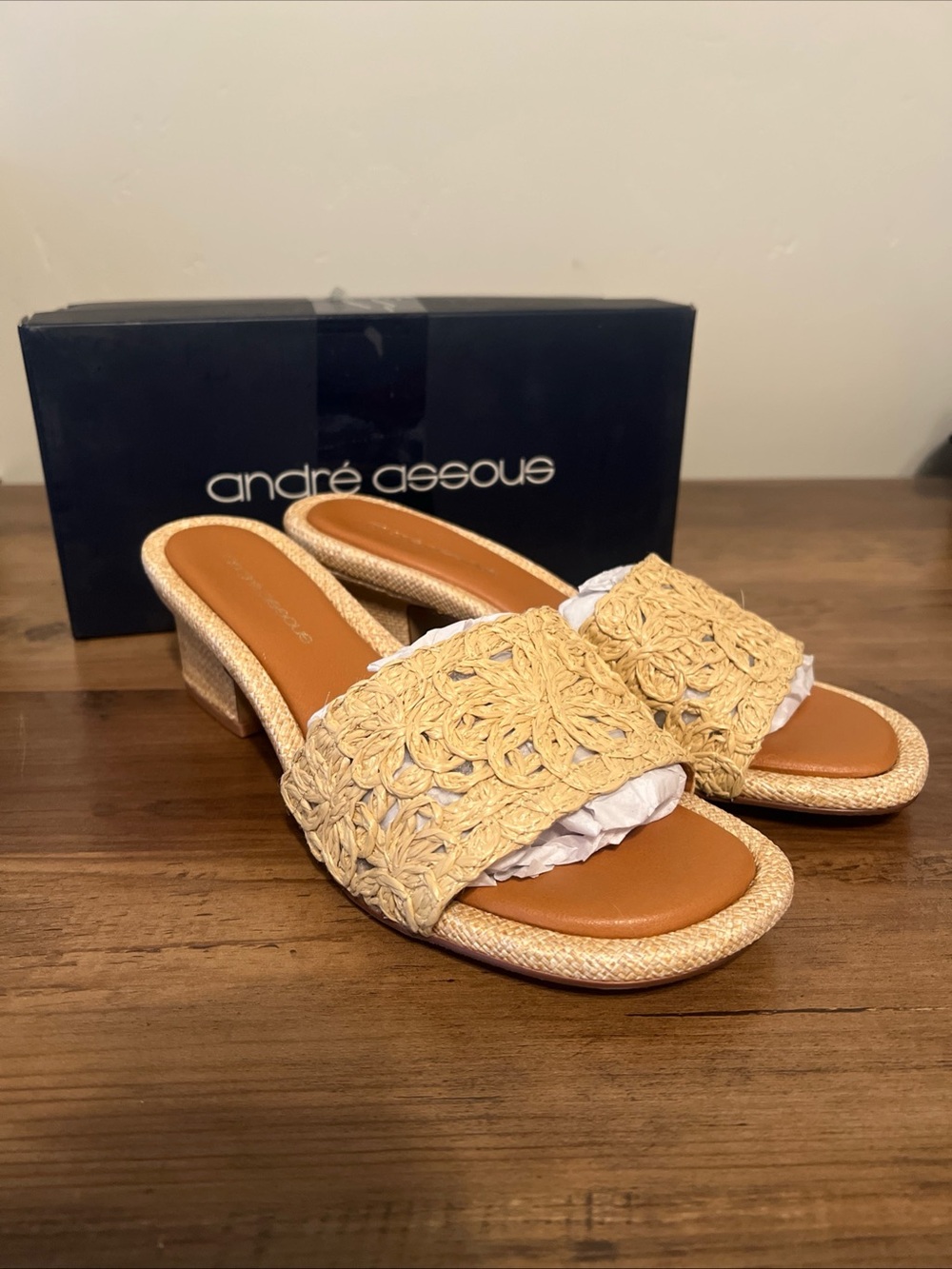 Andre Assous Vivian Women's Woven Slide Sandals  Heel in Beige